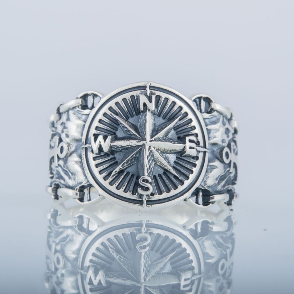 Handcrafted Compass and Anchor Ring - Sterling Silver