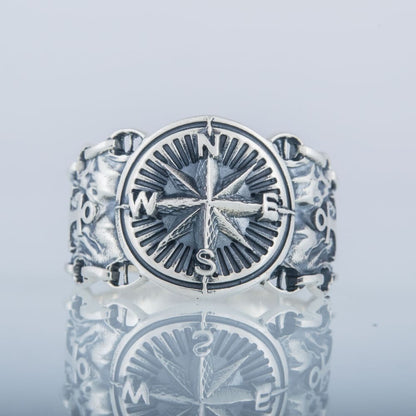 Handcrafted Compass and Anchor Ring - Sterling Silver