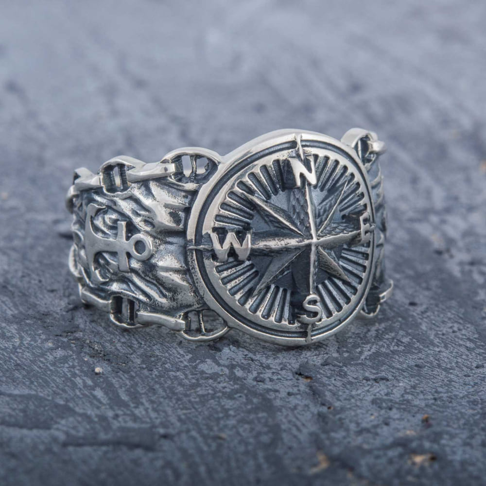 Handcrafted Compass and Anchor Ring - Sterling Silver