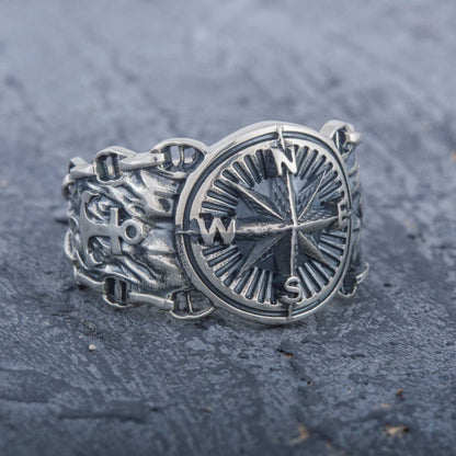 Handcrafted Compass and Anchor Ring - Sterling Silver