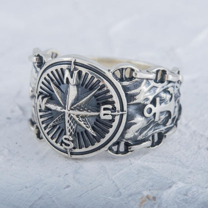 Handcrafted Compass and Anchor Ring - Sterling Silver
