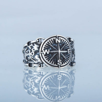 Handcrafted Compass and Anchor Ring - Sterling Silver