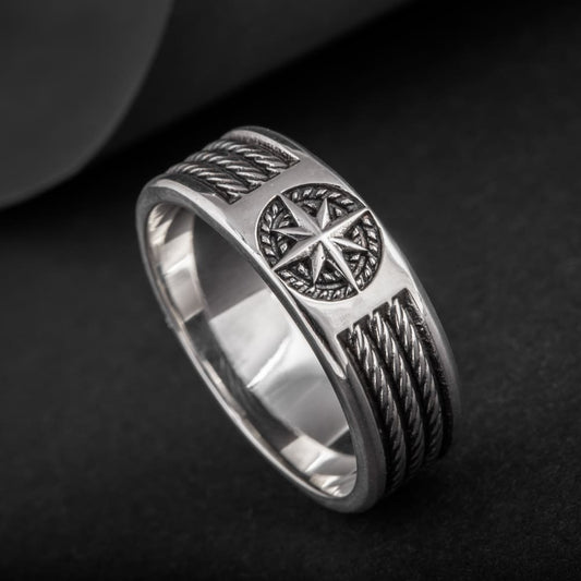 Handcrafted Compass Star Ring - Sterling Silver
