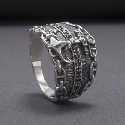 Handcrafted Lavish Anchor and Chain Ring - Sterling Silver