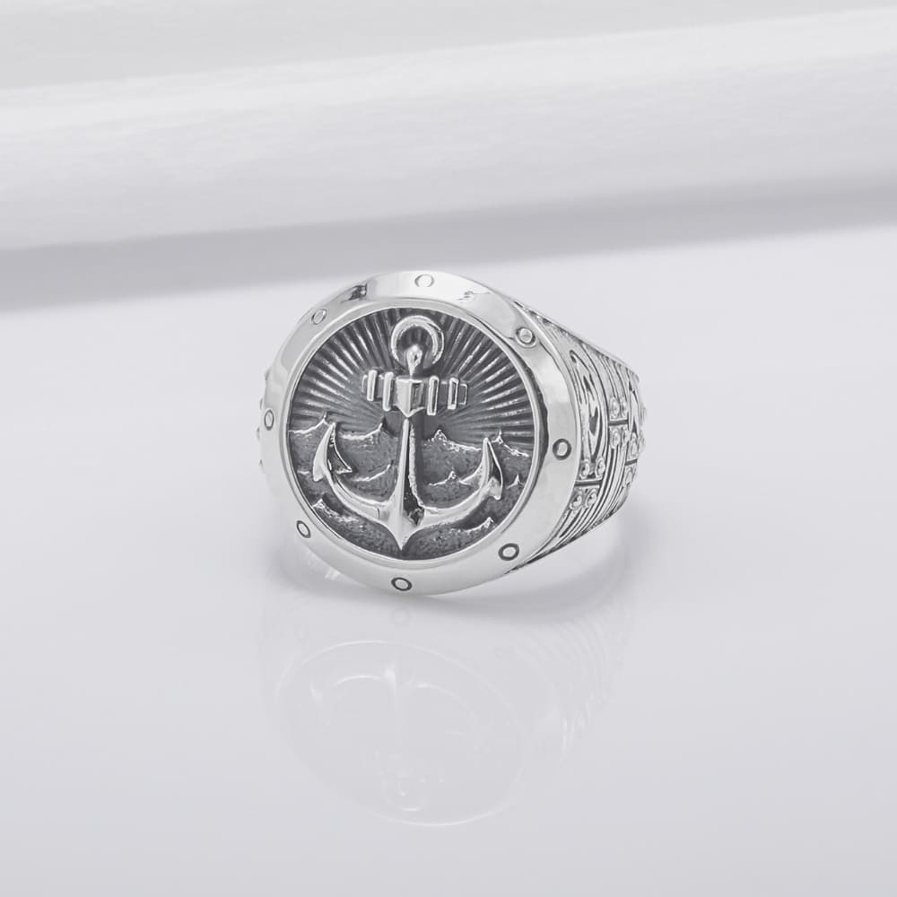 Handcrafted Anchor Crest Signet Ring - Sterling Silver