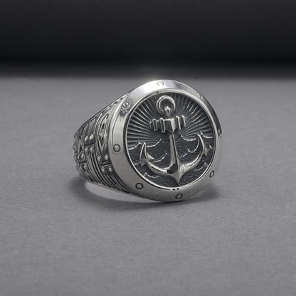 Handcrafted Anchor Crest Signet Ring - Sterling Silver