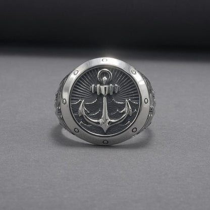Handcrafted Anchor Crest Signet Ring - Sterling Silver