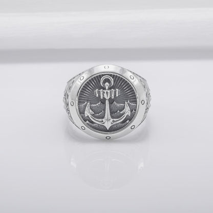 Handcrafted Anchor Crest Signet Ring - Sterling Silver