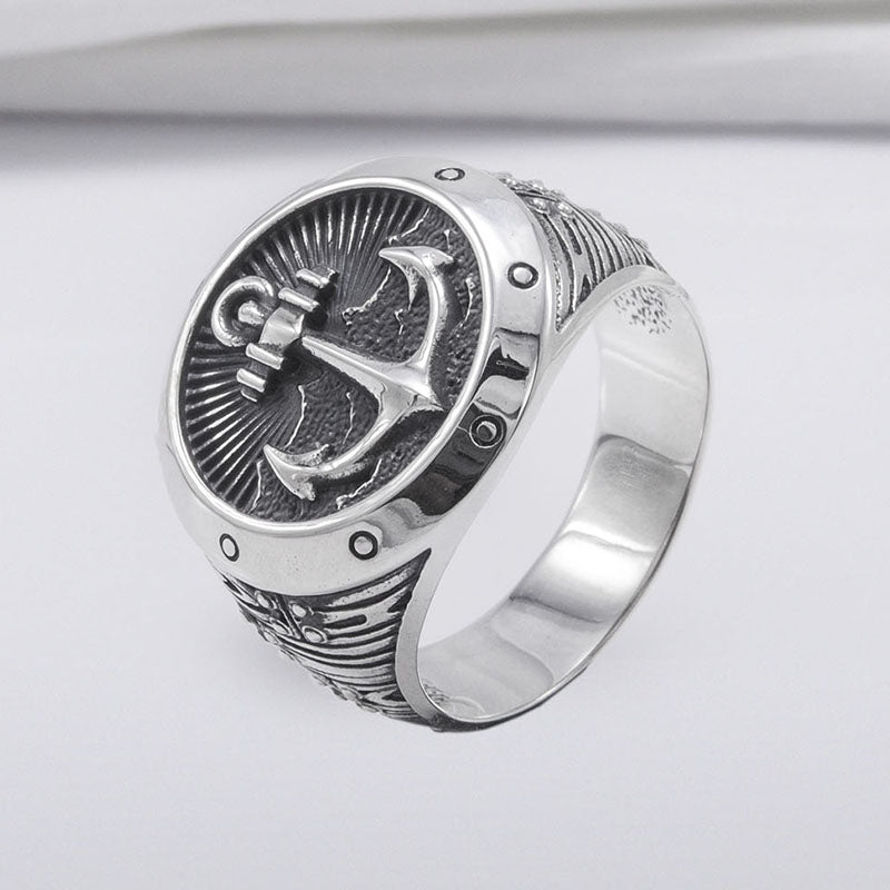 Handcrafted Anchor Crest Signet Ring - Sterling Silver
