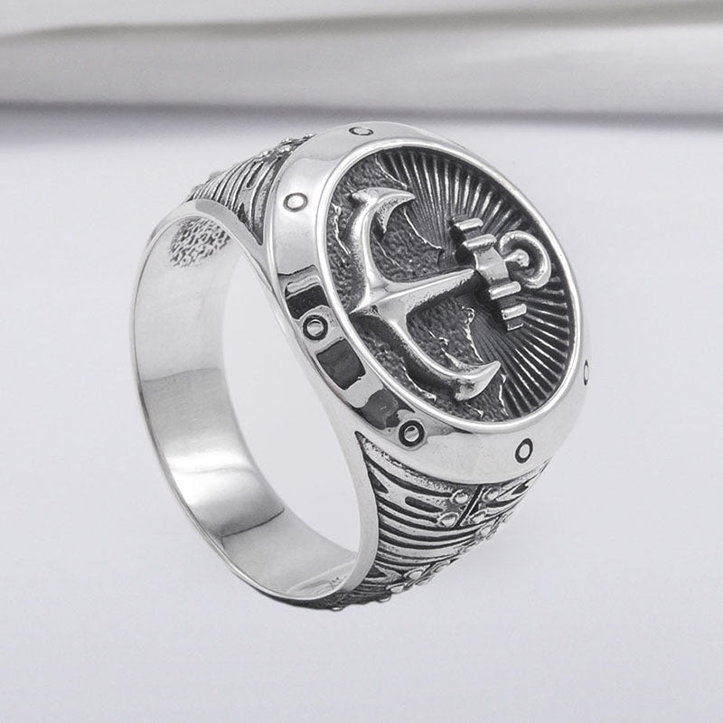 Handcrafted Anchor Crest Signet Ring - Sterling Silver