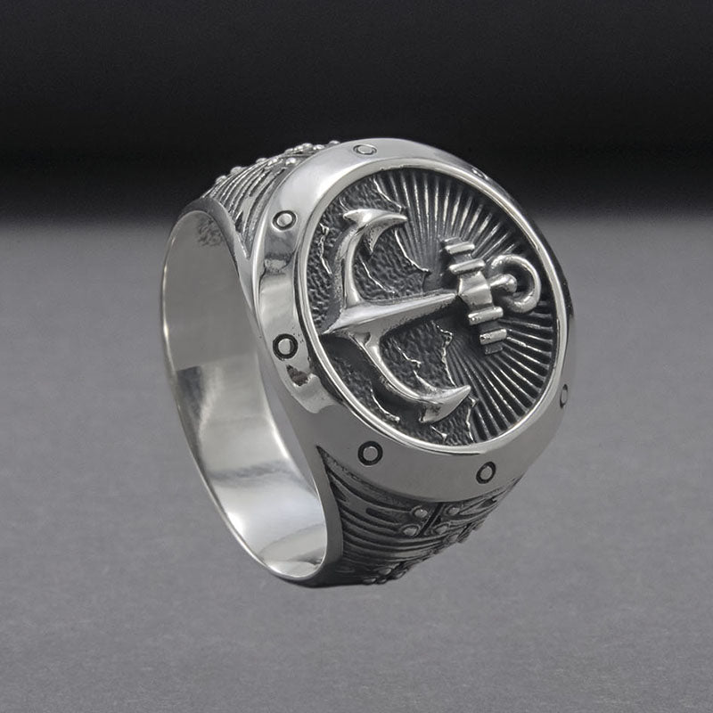 Handcrafted Anchor Crest Signet Ring - Sterling Silver