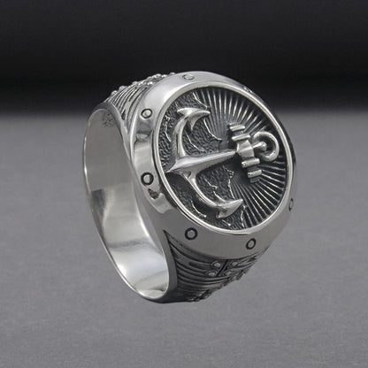 Handcrafted Anchor Crest Signet Ring - Sterling Silver