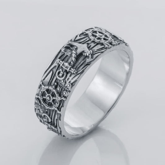 Handcrafted Nautical Anchor and Wheel Ring - Sterling Silver