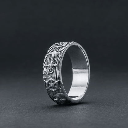 Handcrafted Nautical Anchor and Wheel Ring - Sterling Silver