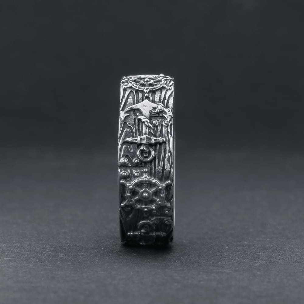 Handcrafted Nautical Anchor and Wheel Ring - Sterling Silver