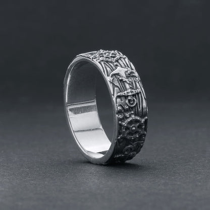 Handcrafted Nautical Anchor and Wheel Ring - Sterling Silver