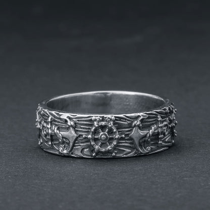Handcrafted Nautical Anchor and Wheel Ring - Sterling Silver