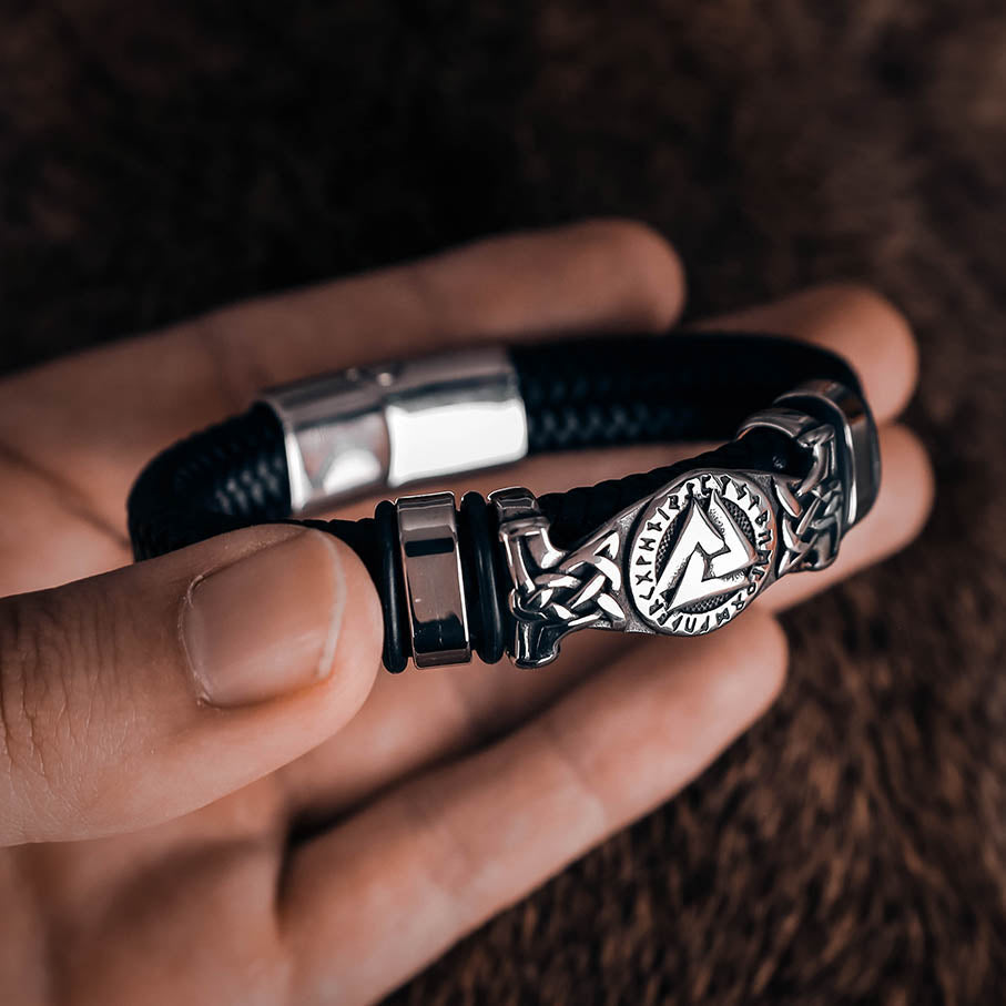 Valknut Rune Thick Leather Bracelet