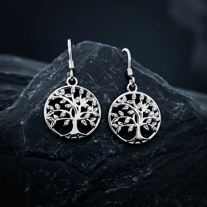 Yggdrasil Tree Gemmed Drop Earrings - Sterling Silver