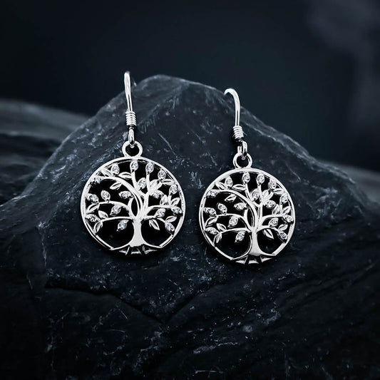 Yggdrasil Tree Gemmed Drop Earrings - Sterling Silver