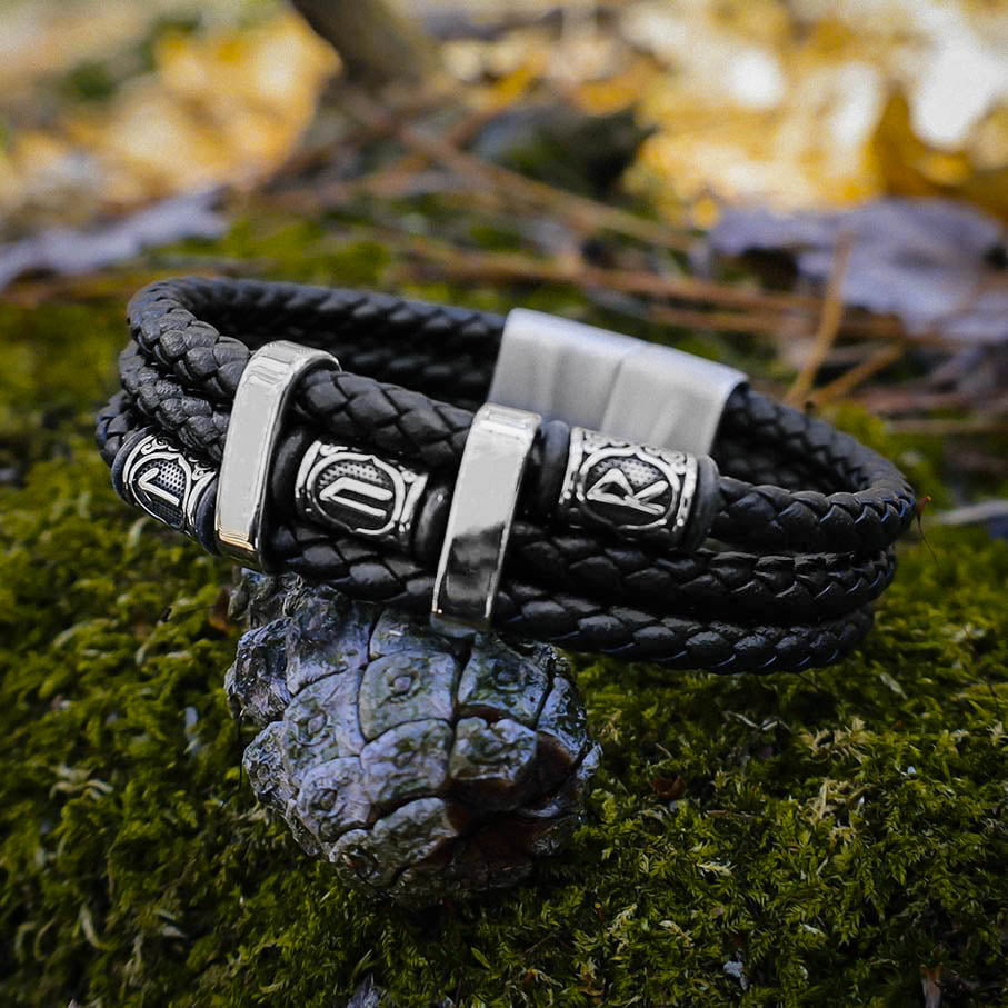 Tyr Bead Triple Band Leather Bracelet