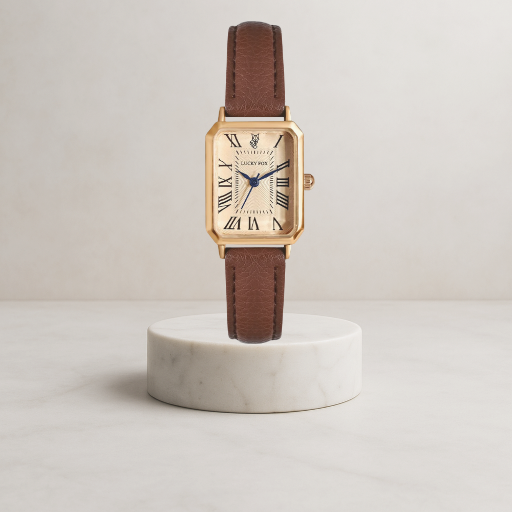 Florenza | Elegant women's watch with square gold case and leather strap