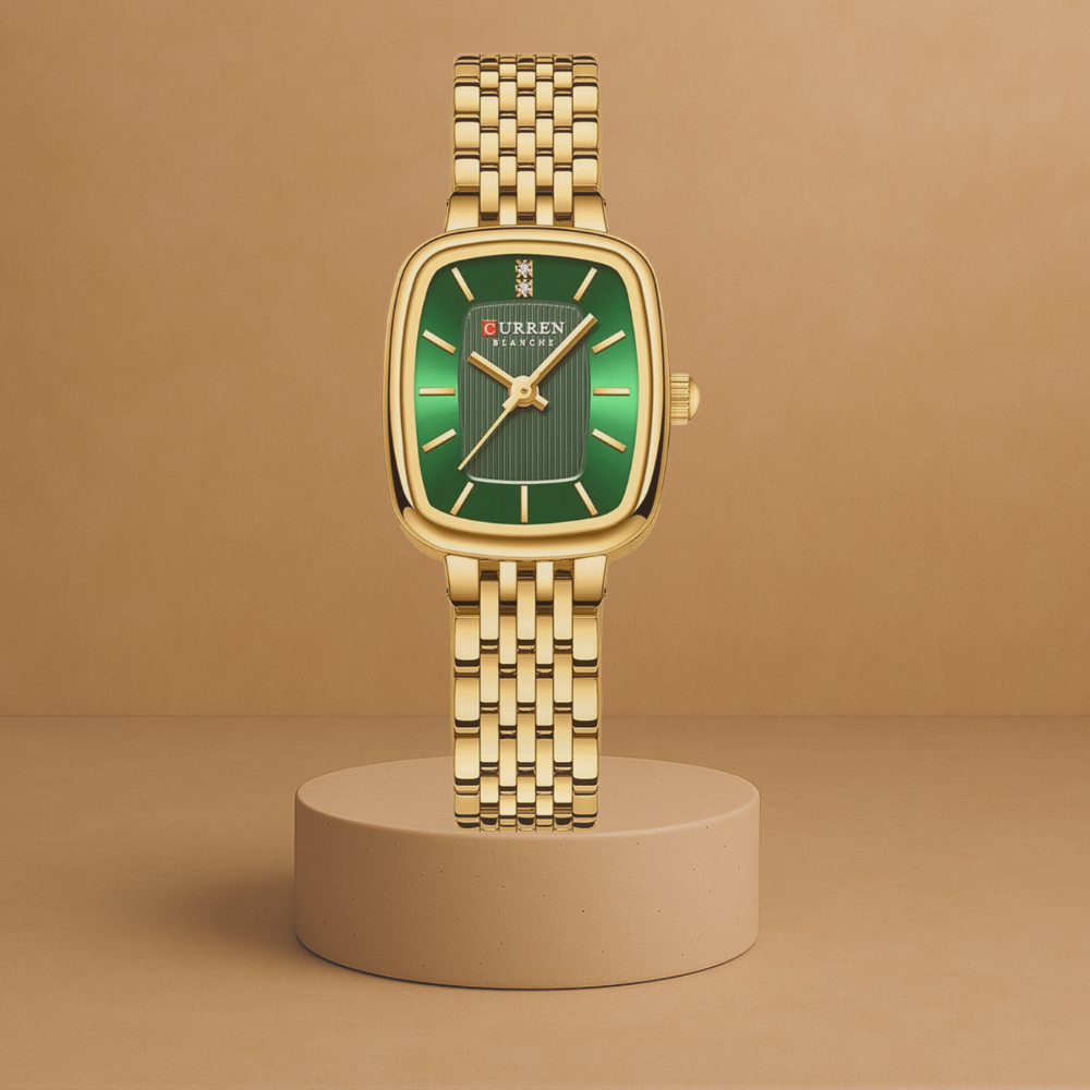 Clarissa women's stainless steel watch with rectangular gold-green case