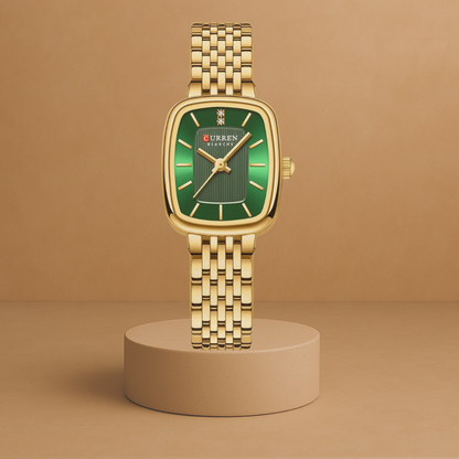 Clarissa women's stainless steel watch with rectangular gold-green case