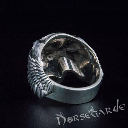 Handcrafted Ansuz Skull and Ravens Ring - Sterling Silver