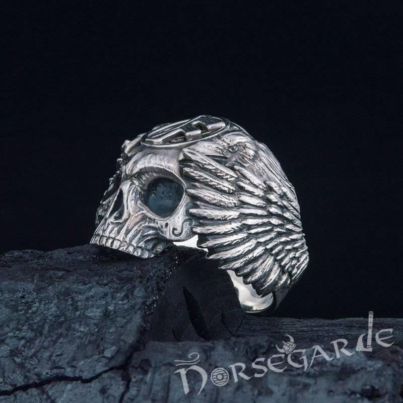Handcrafted Ansuz Skull and Ravens Ring - Sterling Silver