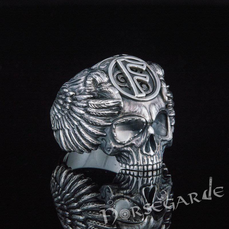 Handcrafted Ansuz Skull and Ravens Ring - Sterling Silver