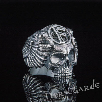 Handcrafted Ansuz Skull and Ravens Ring - Sterling Silver