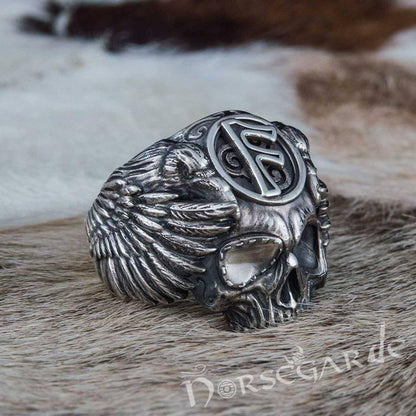 Handcrafted Ansuz Skull and Ravens Ring - Sterling Silver