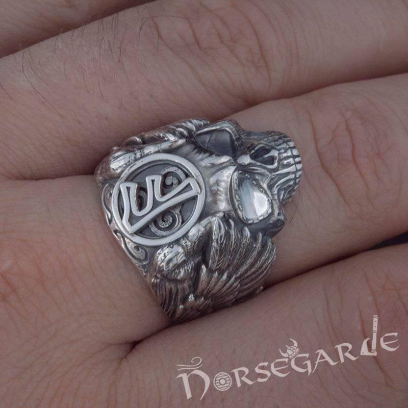 Handcrafted Ansuz Skull and Ravens Ring - Sterling Silver