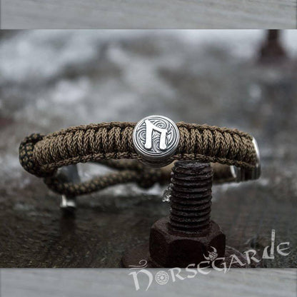 Handcrafted Bark Paracord Bracelet with Mjölnir and Runes - Sterling Silver