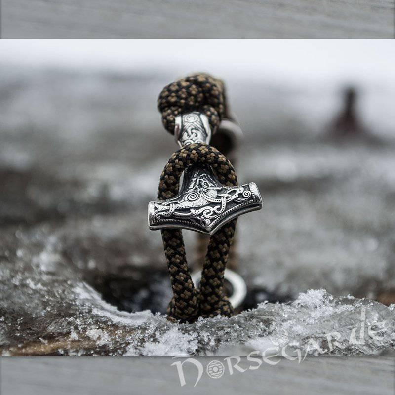 Handcrafted Bark Paracord Bracelet with Mjölnir and Runes - Sterling Silver