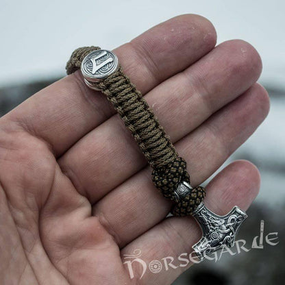 Handcrafted Bark Paracord Bracelet with Mjölnir and Runes - Sterling Silver