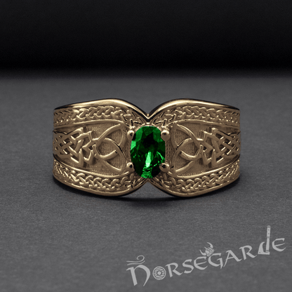Handcrafted Celtic Treasure Ring - Gold with Emerald