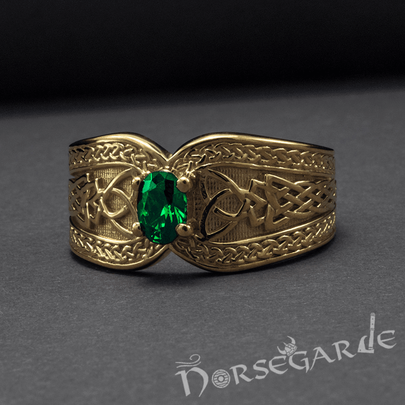 Handcrafted Celtic Treasure Ring - Gold with Emerald