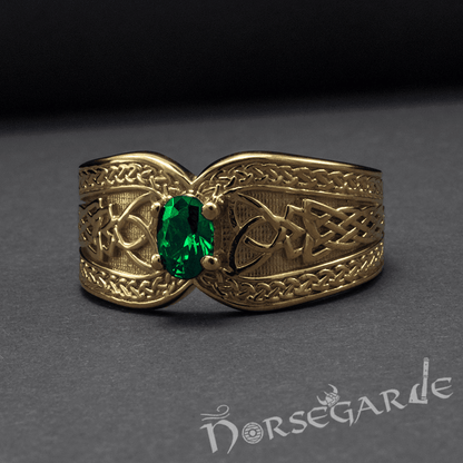 Handcrafted Celtic Treasure Ring - Gold with Emerald
