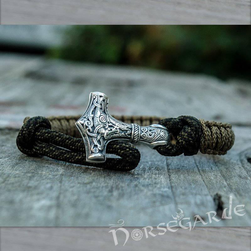 Handcrafted Coffee Paracord Bracelet with Mjölnir - Sterling Silver
