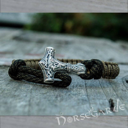 Handcrafted Coffee Paracord Bracelet with Mjölnir - Sterling Silver