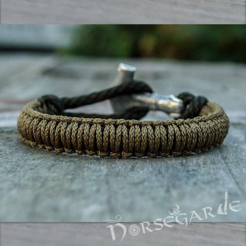 Handcrafted Coffee Paracord Bracelet with Mjölnir - Sterling Silver