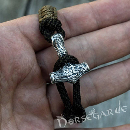 Handcrafted Coffee Paracord Bracelet with Mjölnir - Sterling Silver