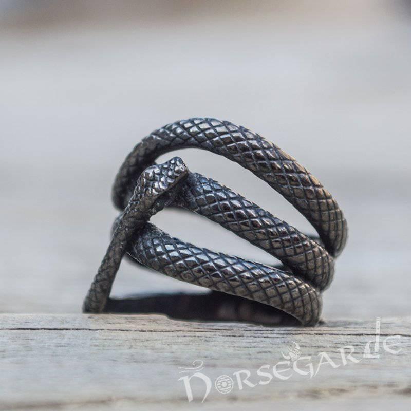 Handcrafted Coiled Jormungandr Ring - Ruthenium Plated Sterling Silver