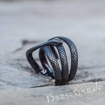 Handcrafted Coiled Jormungandr Ring - Ruthenium Plated Sterling Silver