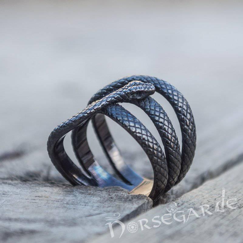 Handcrafted Coiled Jormungandr Ring - Ruthenium Plated Sterling Silver