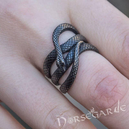 Handcrafted Coiled Jormungandr Ring - Ruthenium Plated Sterling Silver
