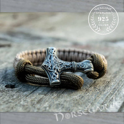 Handcrafted Coyote Paracord Bracelet with Mjölnir - Sterling Silver