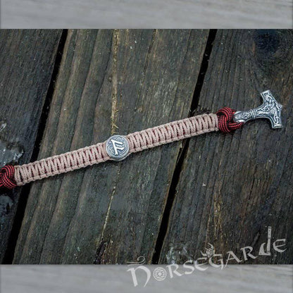 Handcrafted Cream Paracord Bracelet with Mjölnir and Rune - Sterling Silver